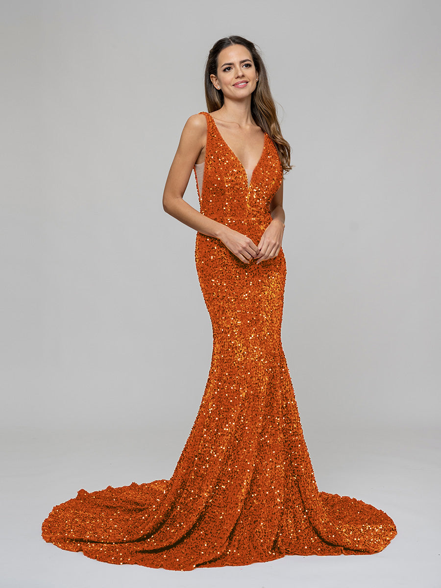 Luxury Plunging V Neck Sequin Fitted Prom Dresses