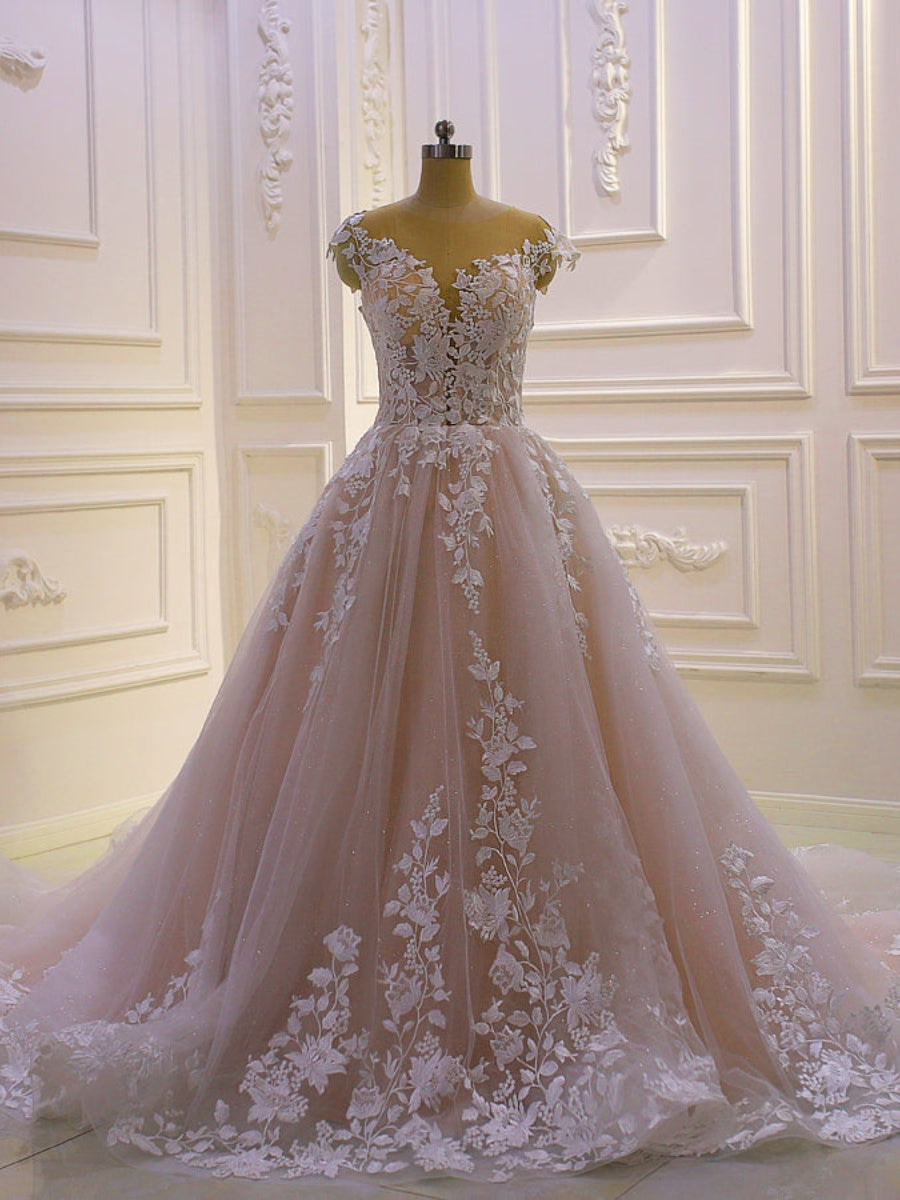 Princess Applique Lace Tulle Illusion Neck Ball Gown Wedding Dresses 2023