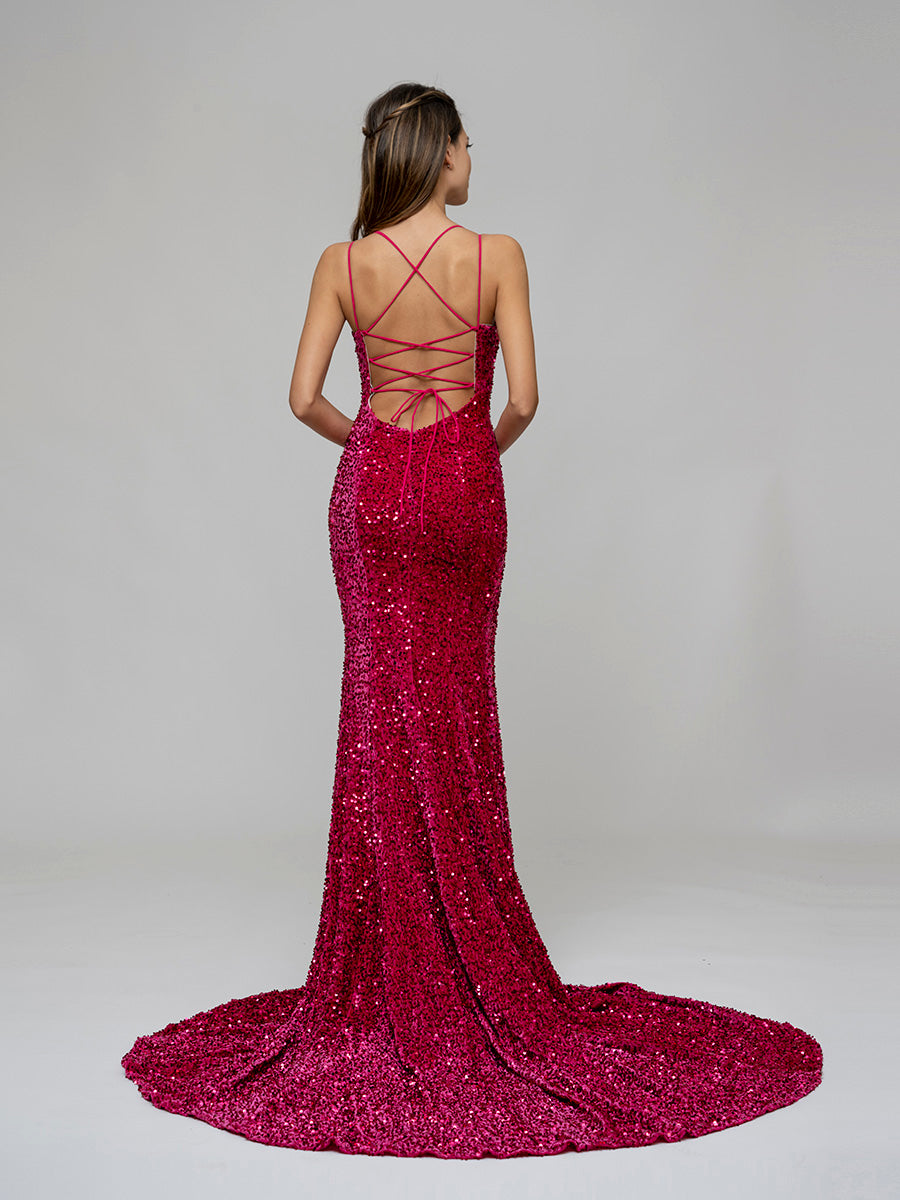 Criss Cross Back Fitted Sequin Party Prom Dresses