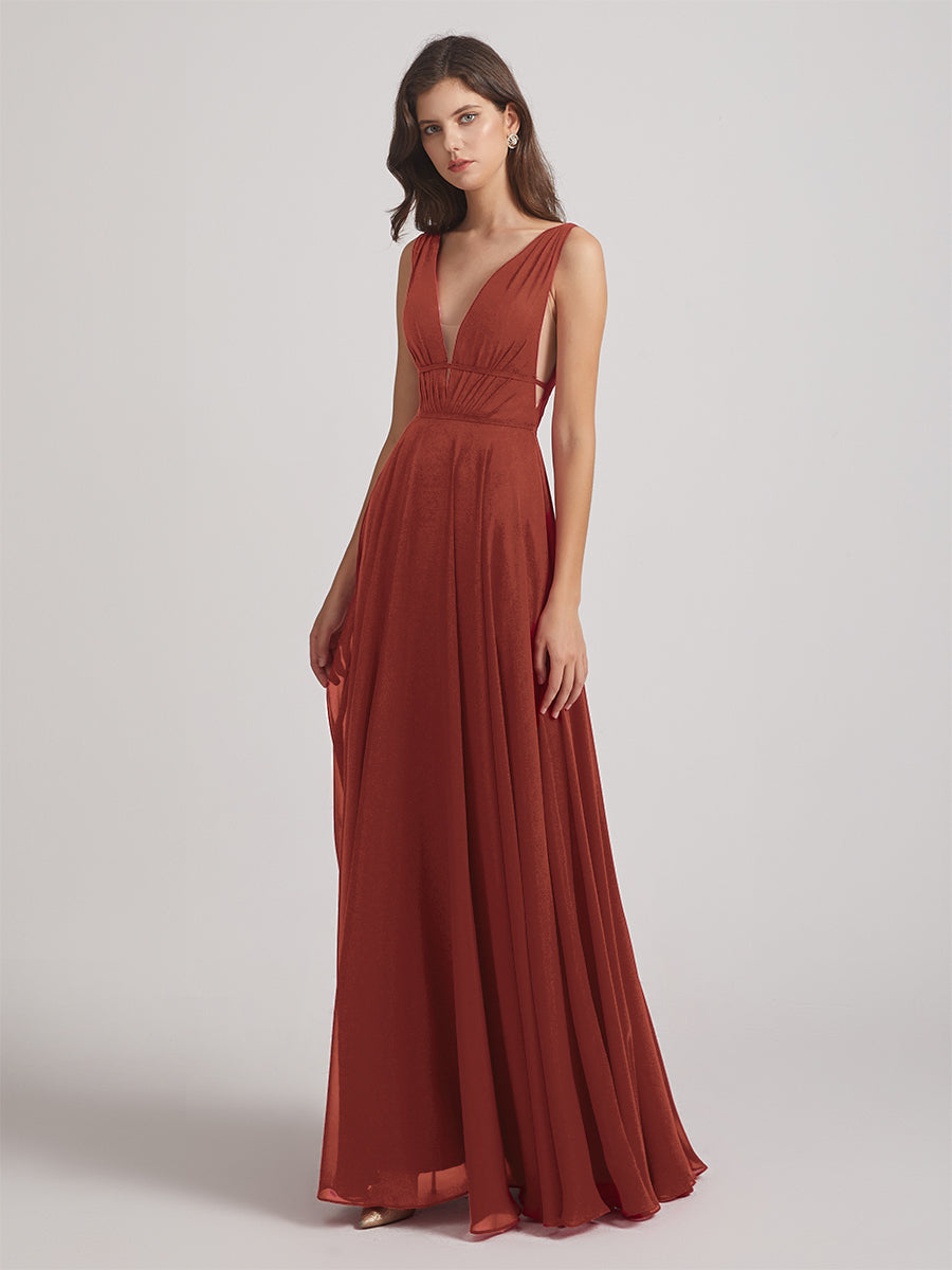 Plunging V Neck Chiffon Bridesmaid Dresses With Low Back