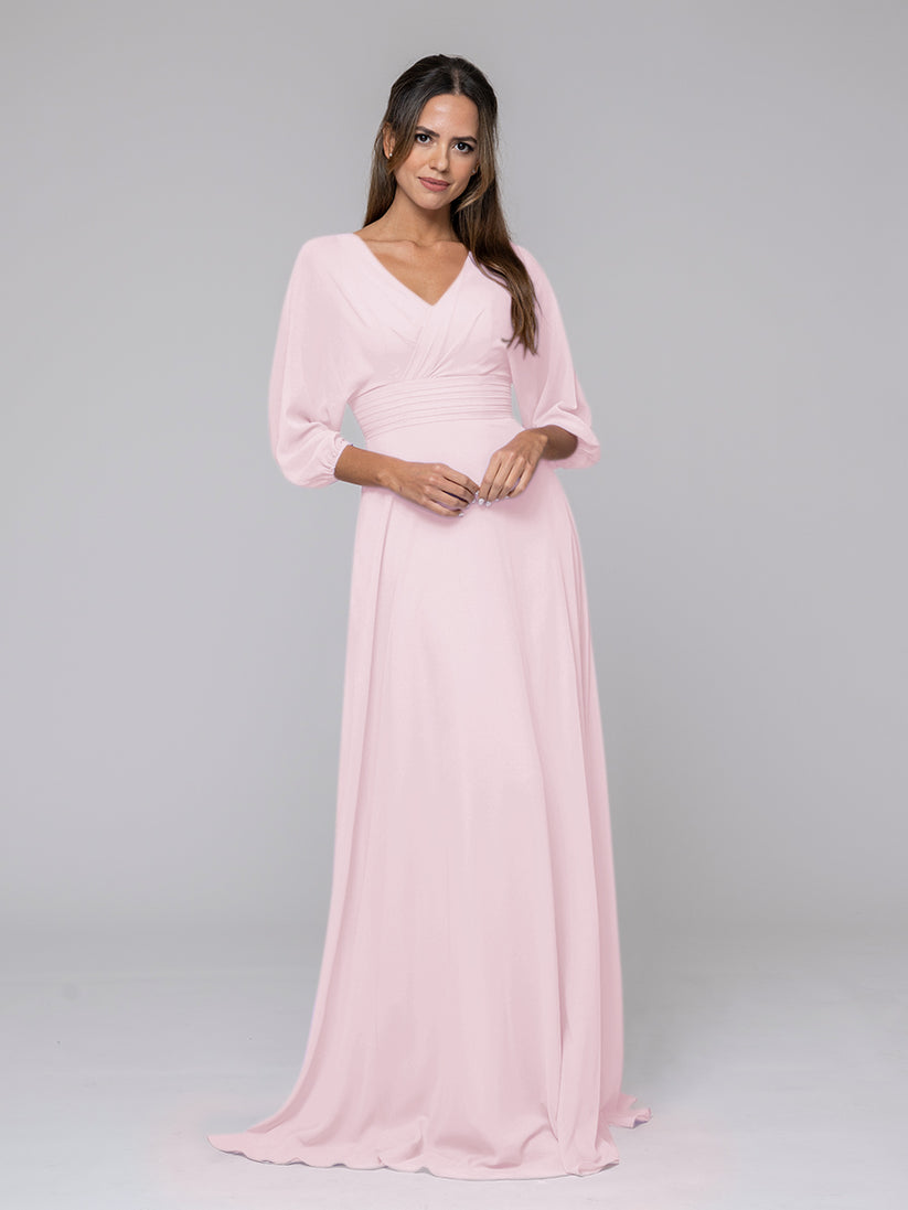 long sleeve petal pink chiffon bridesmaid dresses