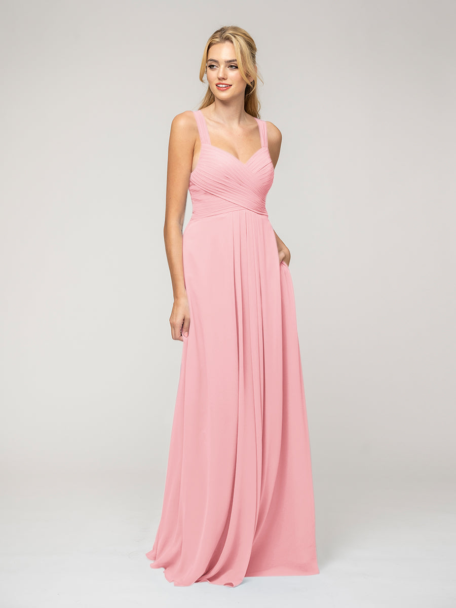 A Line Sweetheart Neckline Chiffon Straps Bridesmaid Dresses With Ribbon