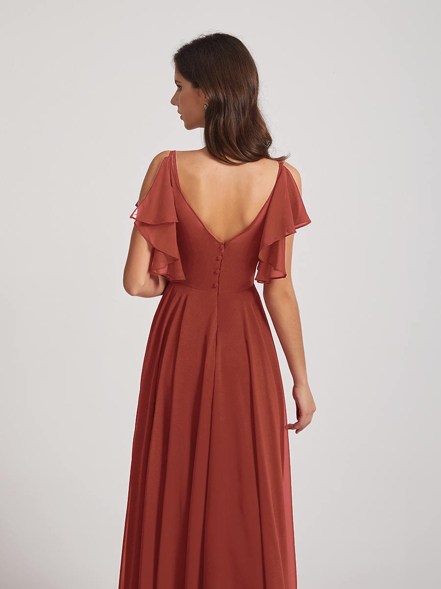 Open Flutter Sleeve Pleated Bodice A Line Bridesmaid Dresses