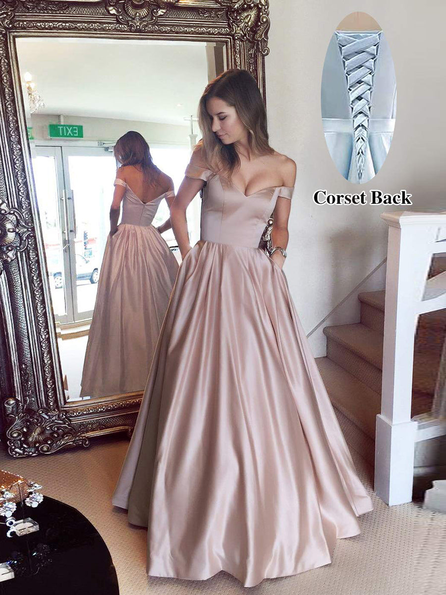 Off The Shoulder Beaded Satin A Line Prom Dress With Pocket