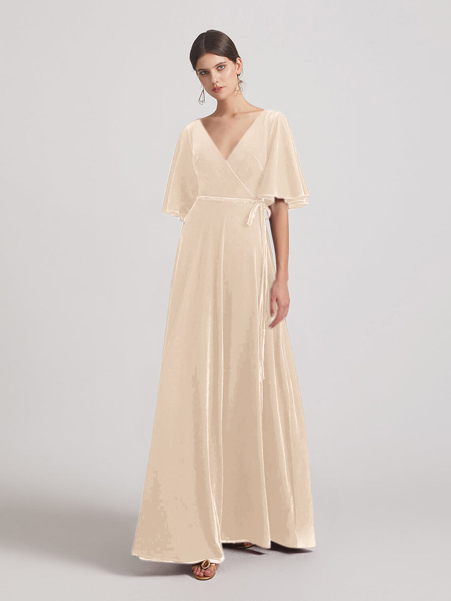 Elbow Length Flutter Sleeve Velvet Maxi Bridesmaid Dresses