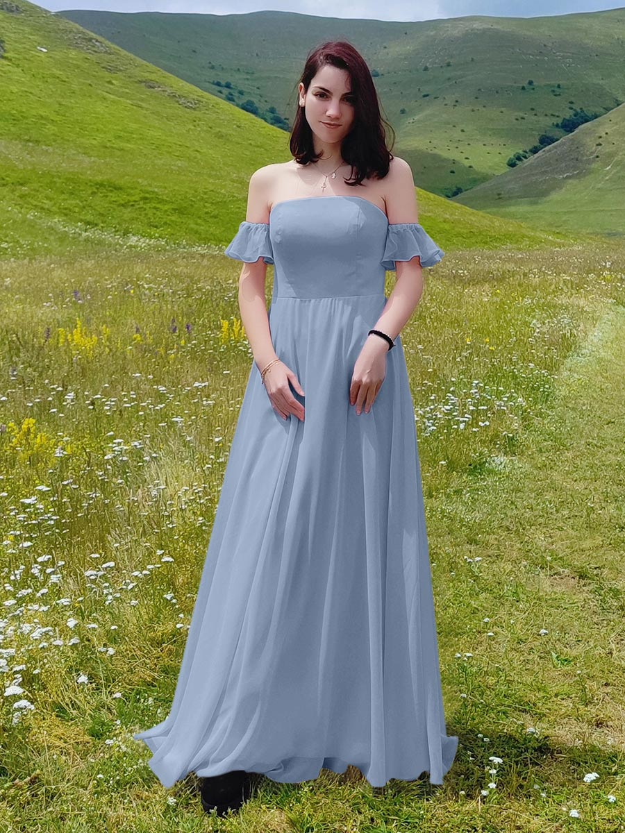 Dusty blue off the shoulder bridesmaid dress clearance