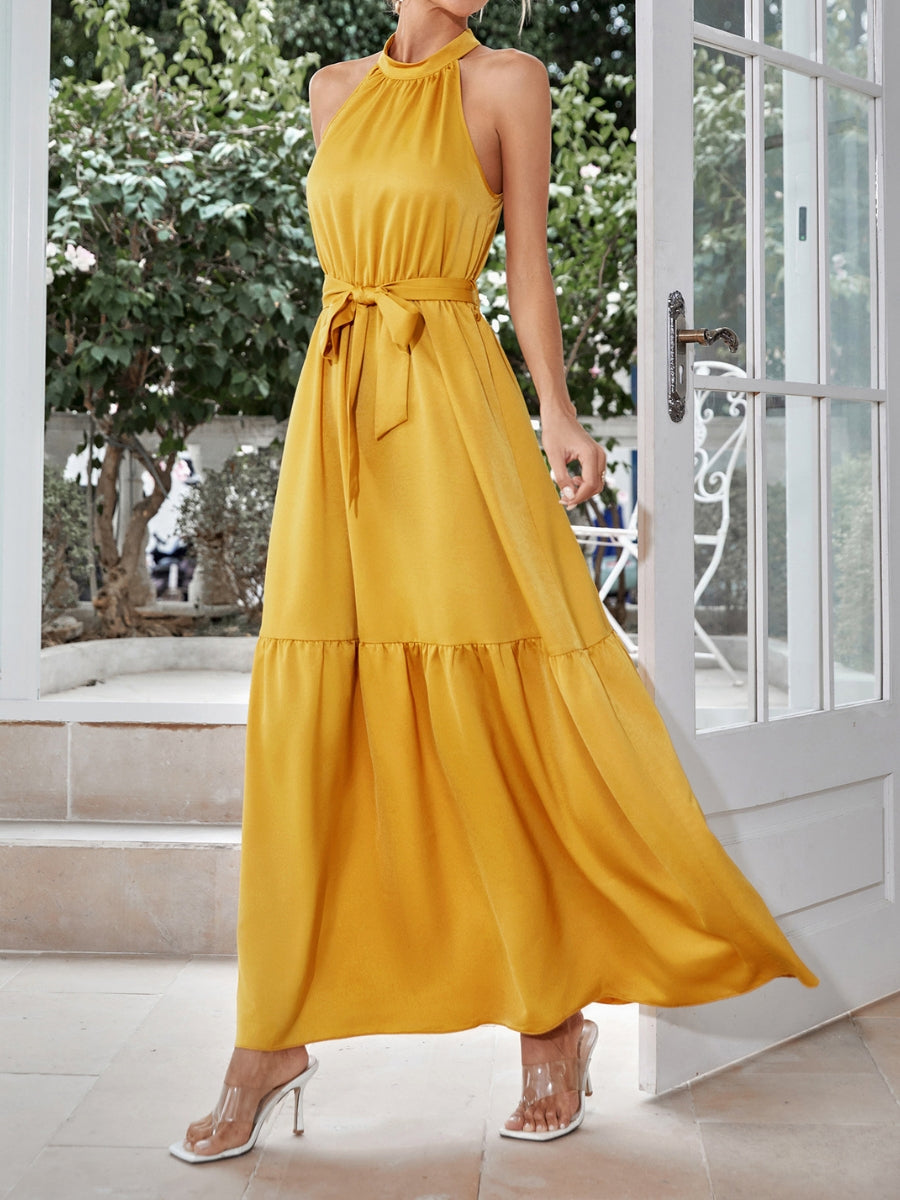 Halter Tiered Maxi Dresses With Belt
