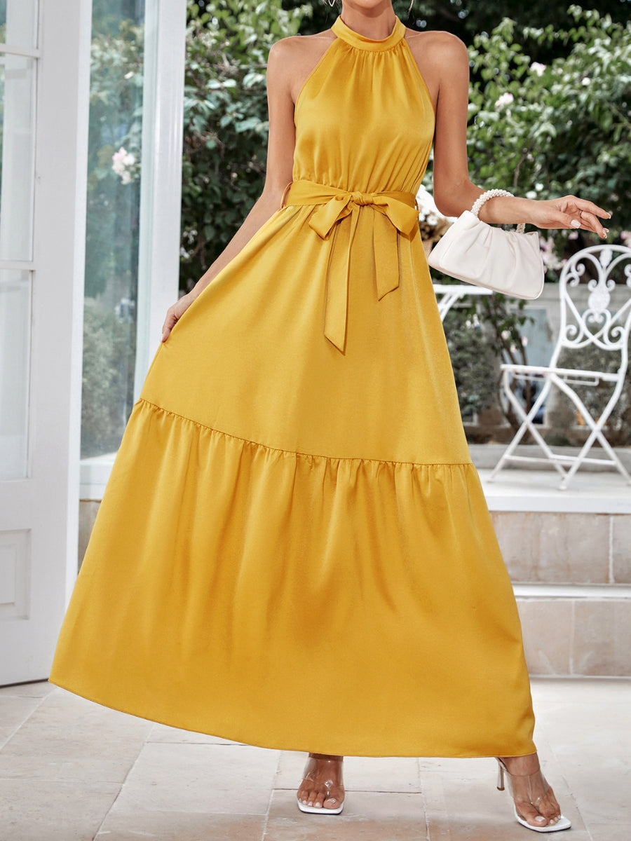 Halter Tiered Maxi Dresses With Belt