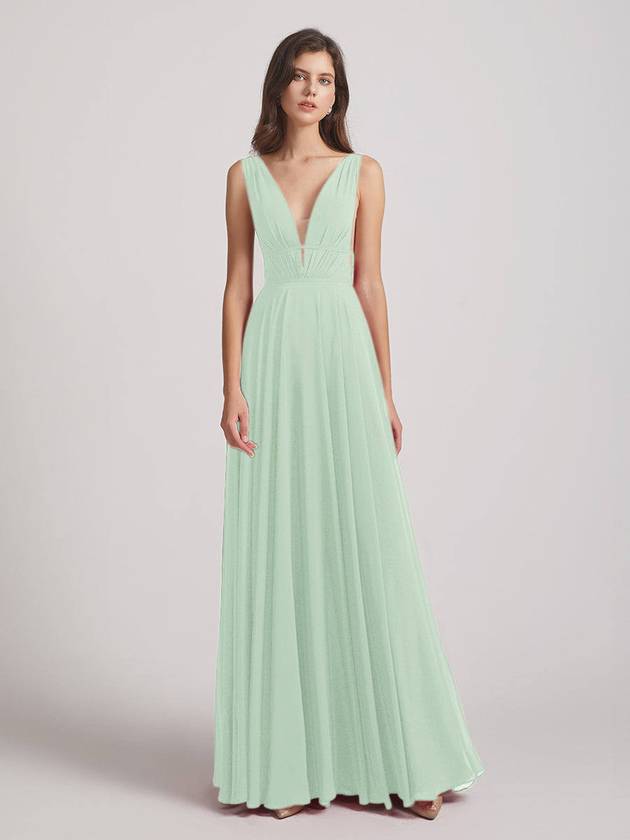 Plunging V Neck Chiffon Bridesmaid Dresses With Low Back