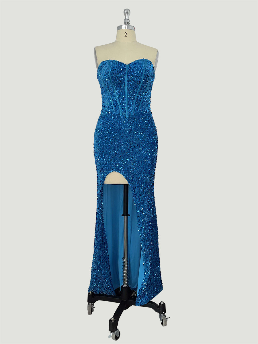 Ocean Blue Velvet Sequin Strapless Fitted Prom Dresses