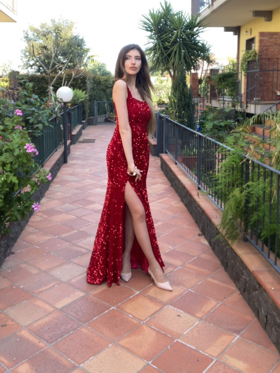 Sexy Fitted Square Sleeveless Long Floor Length Velvet Sequin Prom Dress