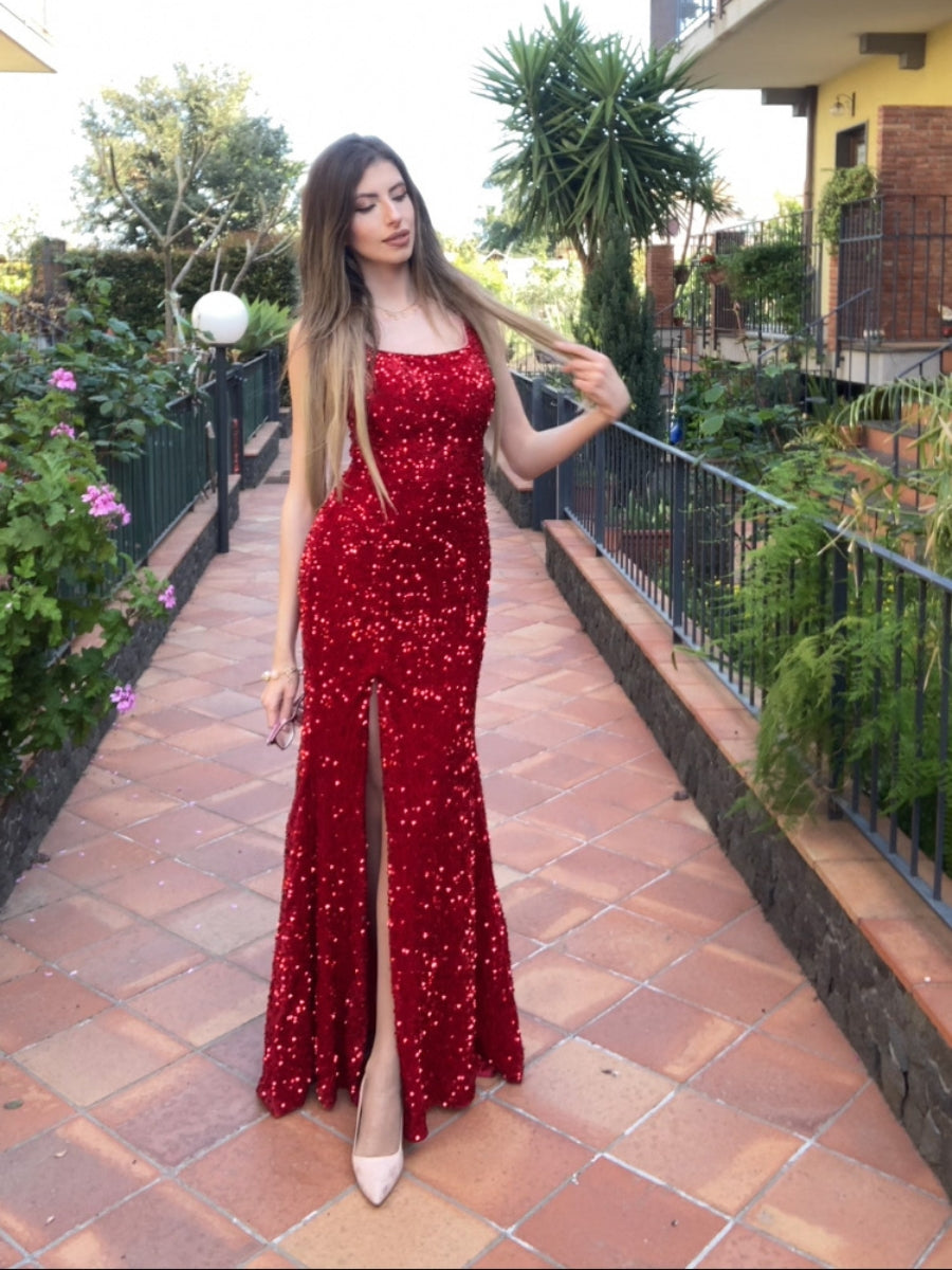 Sexy Fitted Square Sleeveless Long Floor Length Velvet Sequin Prom Dress