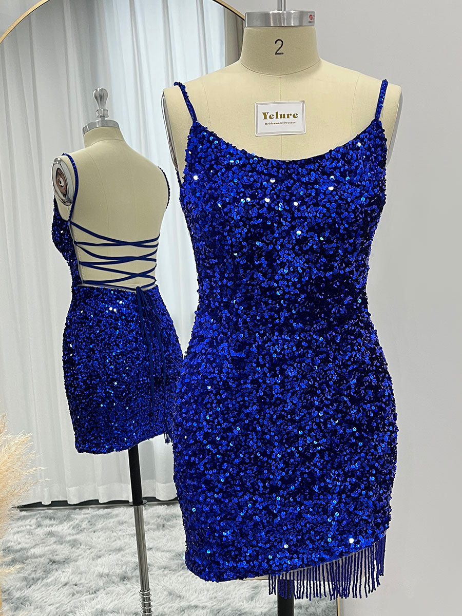 Royal Blue Velvet Sequin Sheath Homecoming Dresses