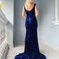 Velvet Sequin Slit V Neck Mermaid Prom Dresses
