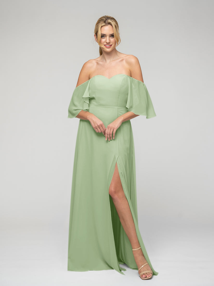 sage green ruffles sleeve chiffon bridesmaid dresses