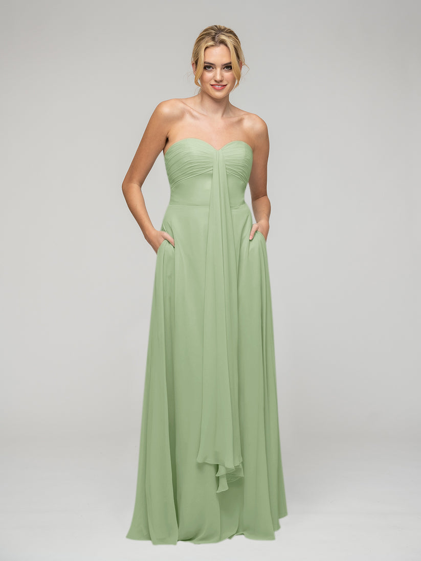 sage green strapless chiffon bridesmaid dresses