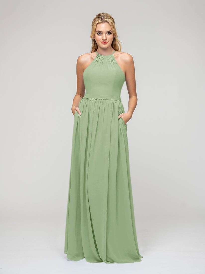 sage green halter chiffon bridesmaid dresses