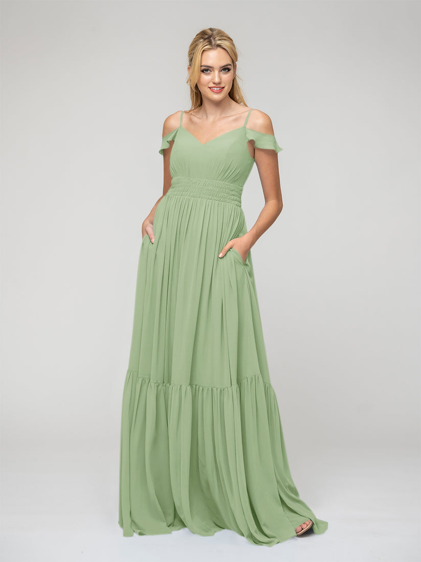 sage green cold shoulder chiffon bridesmaid dresses