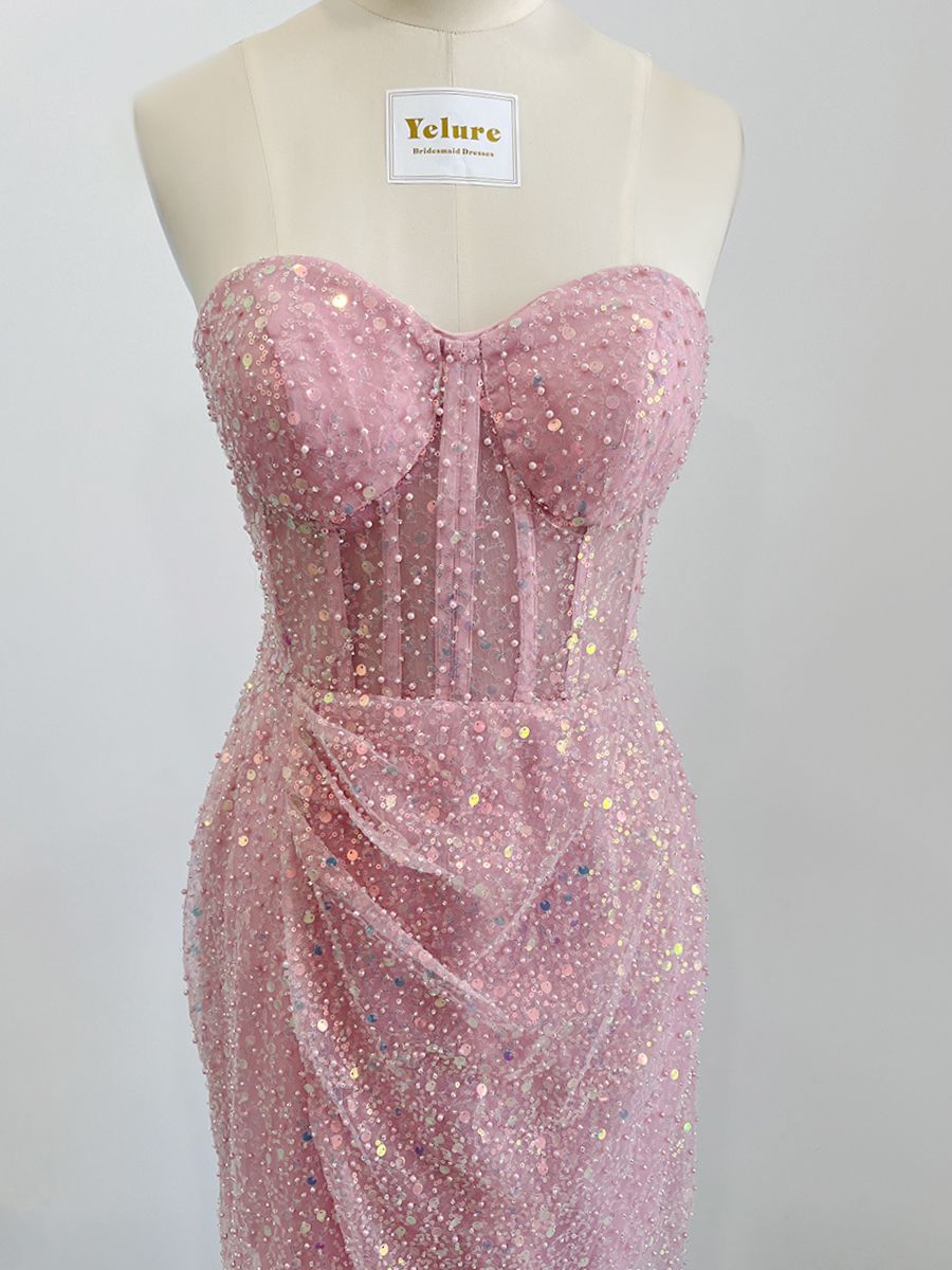 Sparkle Pink Sweetheart Sheath Homecoming Dresses With Sequin Pearls