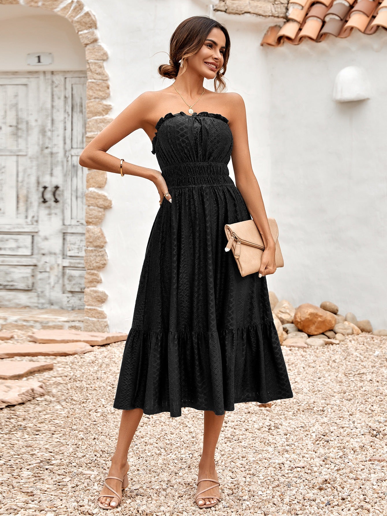 Solid Strapless Tiered Maxi Dresses