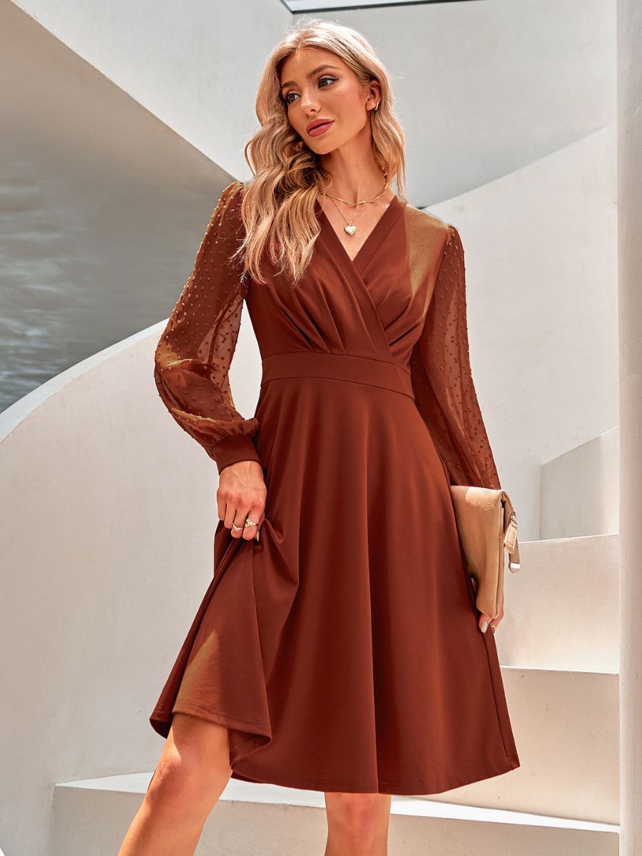 V Neck A Line Long Sleeve Wedding Guest Dress Semi Formal Wedding