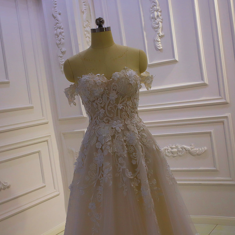 A Line Floral Tulle Off The Shoulder Wedding Dresses