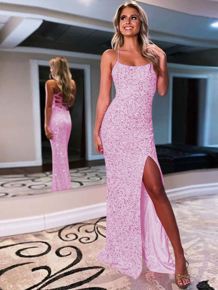 Sheath Spaghetti Straps Sleeveless Long Velvet Sequin Prom Dress