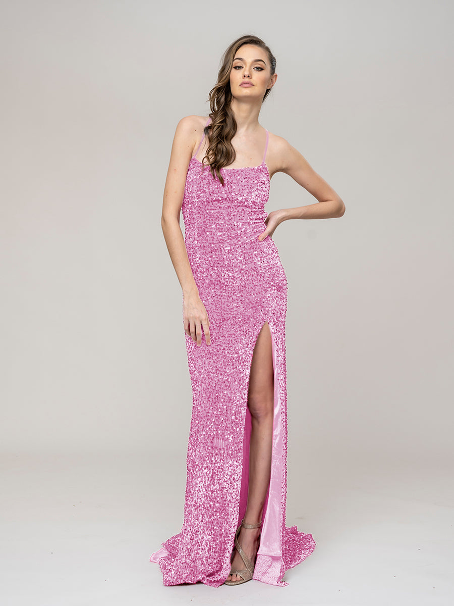 Glitter Sequin Spaghetti Strap Fitted Special Occasion Party Dresses