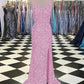 Sheath V-Neck Sleeveless Long Sweep Train Velvet Sequin Prom Dress