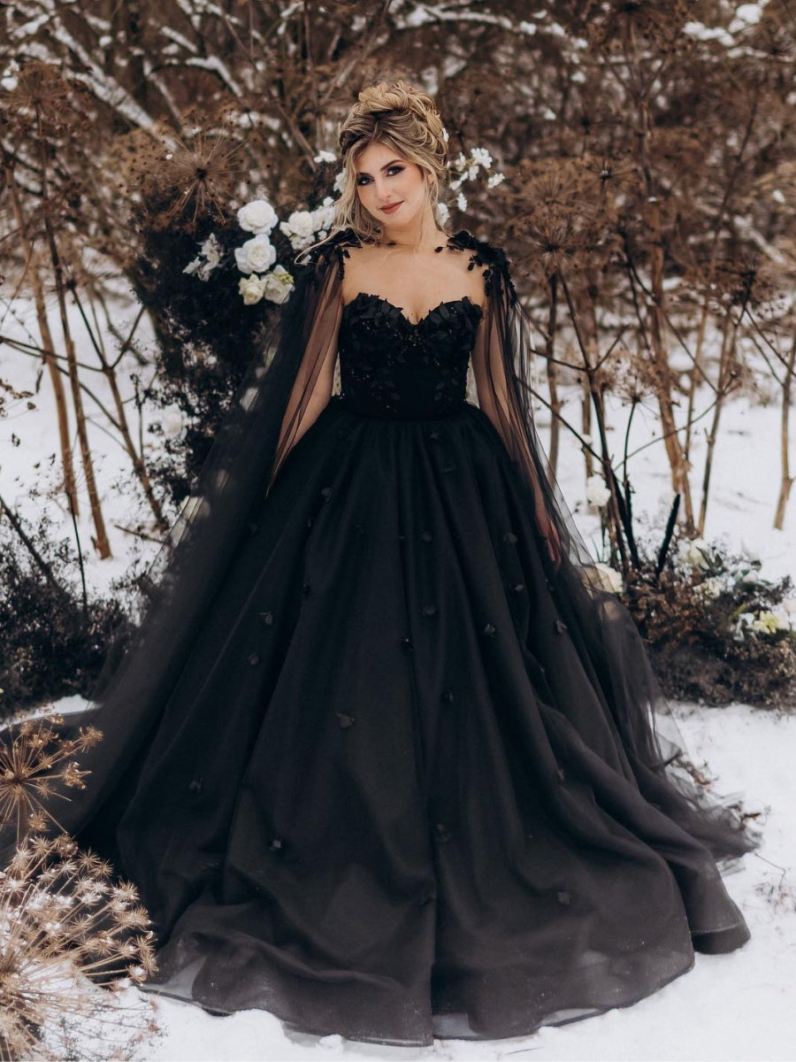 Black Gothic 3D Flower Bridal Gown With Cape Alternative Beaded Train Wedding Dress