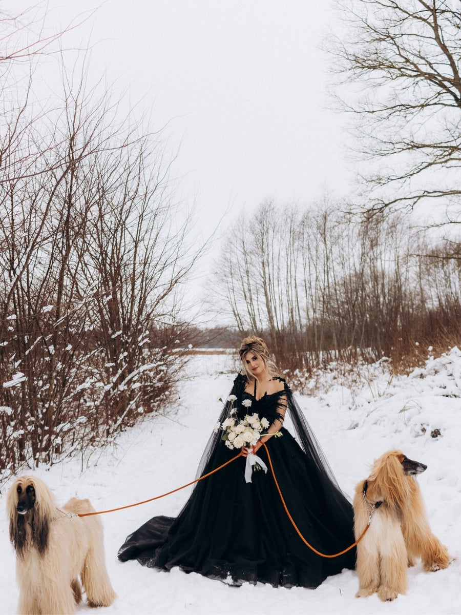 Black Gothic 3D Flower Bridal Gown With Cape Alternative Beaded Train Wedding Dress