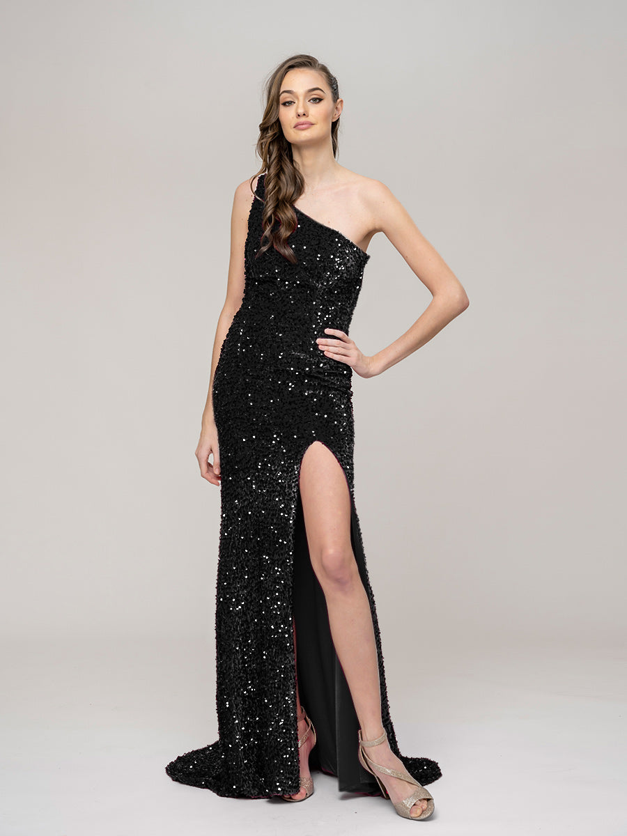 pgmdress Gold Tulle Sequin One-Shoulder Ruffle Long Prom Dress with Slit PSK489 US6 / Black