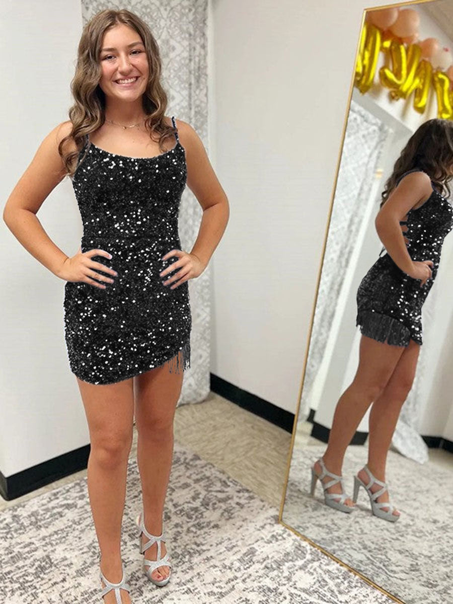 Sexy Fitted Spaghetti Straps Sleeveless Short Velvet Sequin Prom Dress