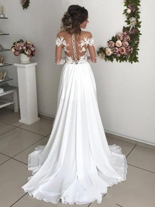 Bohe Long Sleeve Slit Wedding Dresses With Lace Bodice