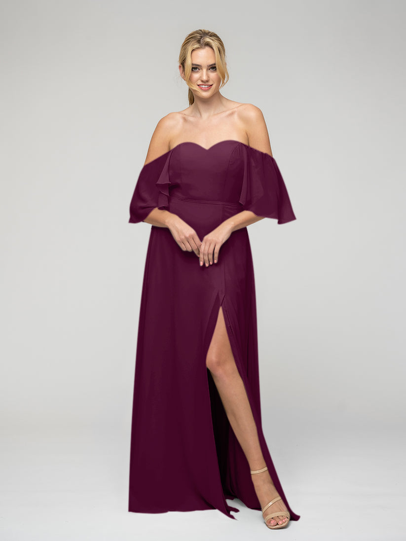 flutter sleeve burgundy bridesmaid dresses