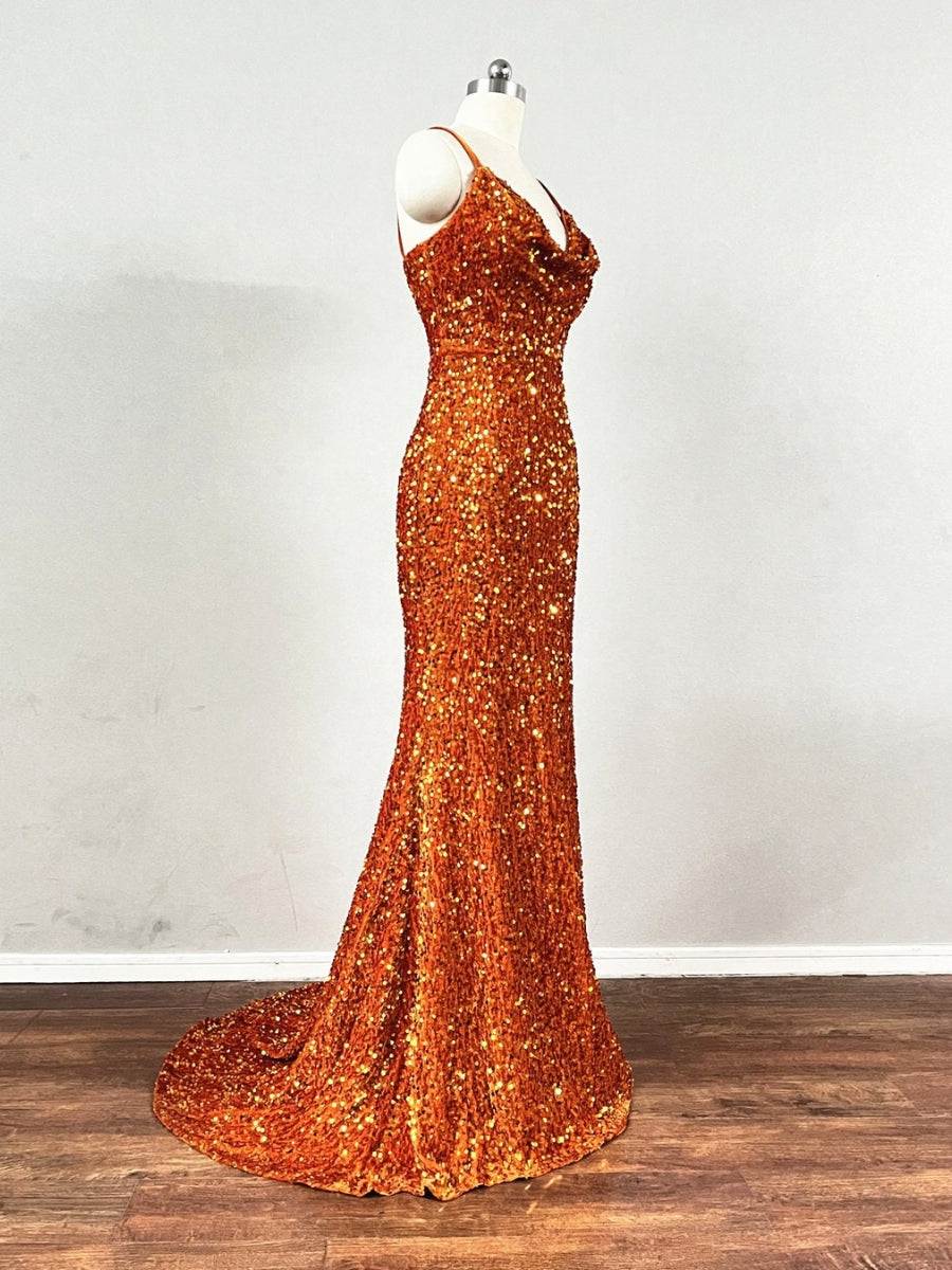Spaghetti Strap Cowl Neckline Fitted Velvet Sequin Prom Dresses