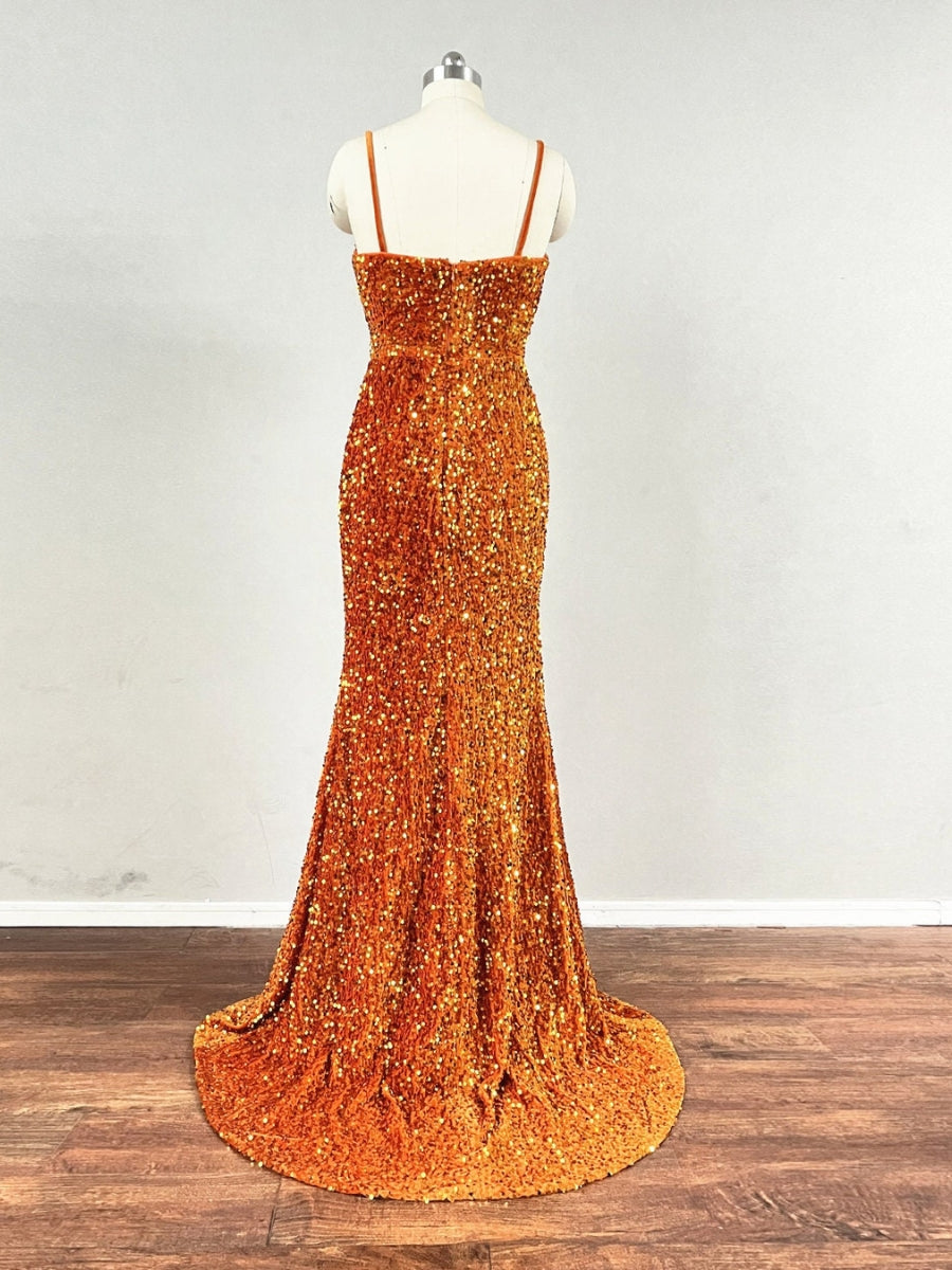 Spaghetti Strap Cowl Neckline Fitted Velvet Sequin Prom Dresses