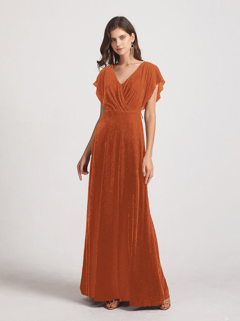 Burnt orange velvet bridesmaid dresses