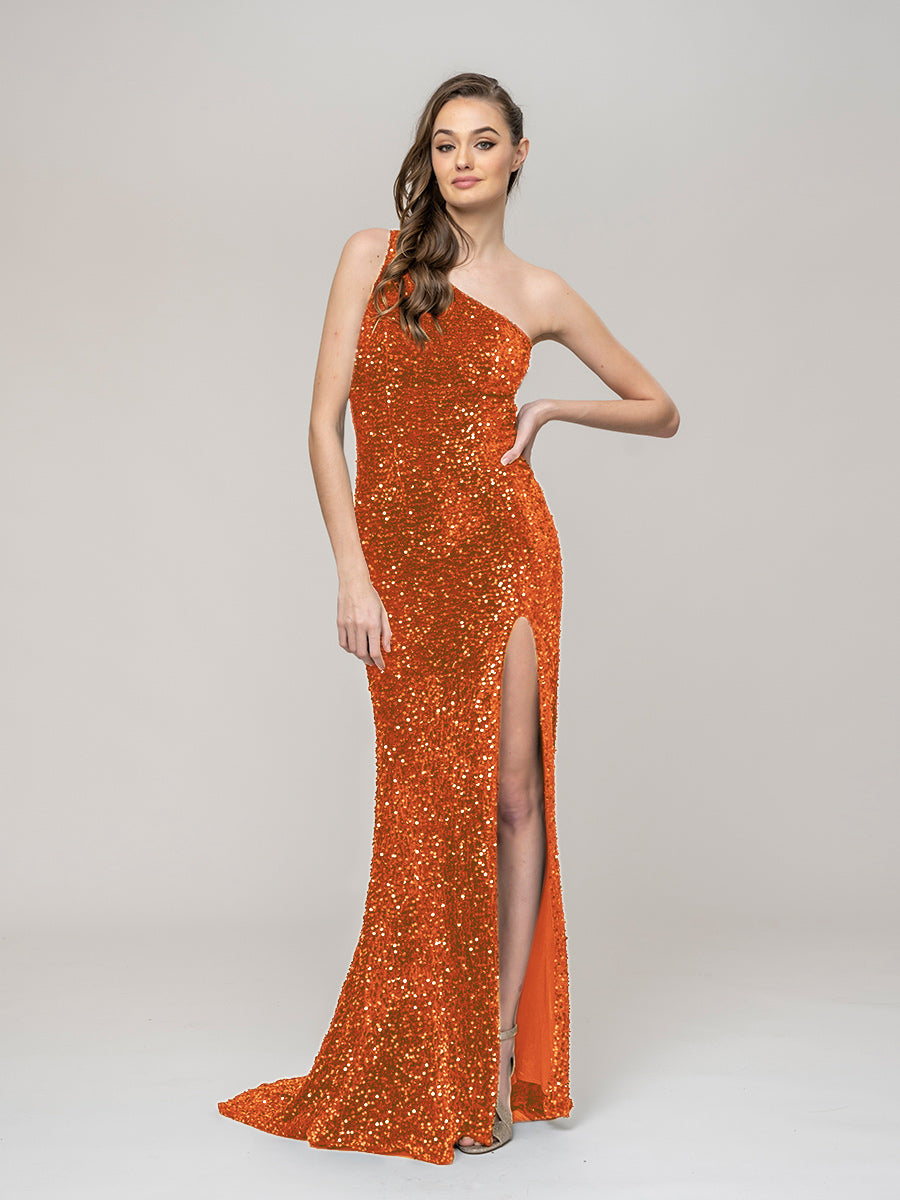 All Over Sequin One Shoulder Fitted Long Prom Dresses