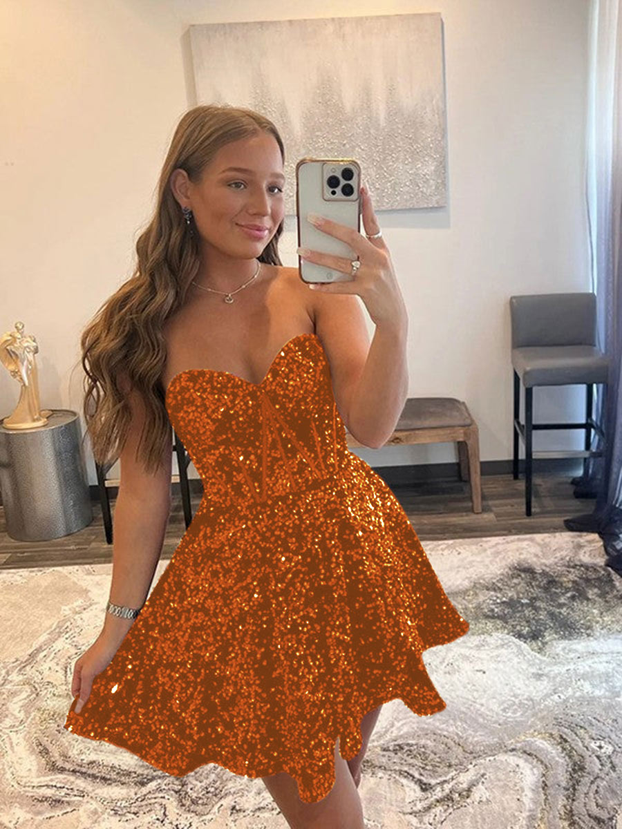 A Line Sweetheart Sleeveless Short Velvet Sequin Prom Dress