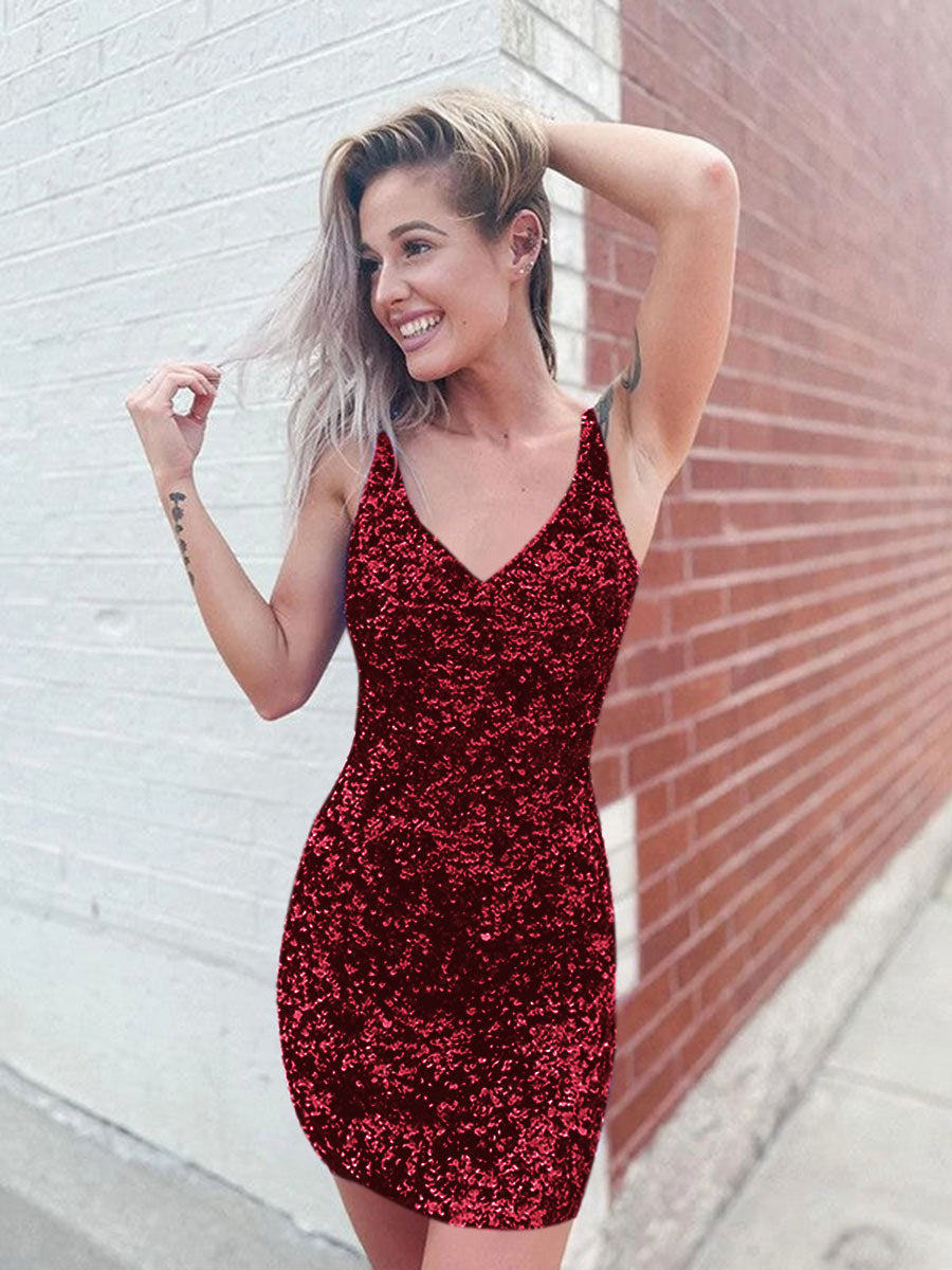 Short Tight Homecoming Dresses 2023 Straps V Neck Sheath Party Dress Dark Red