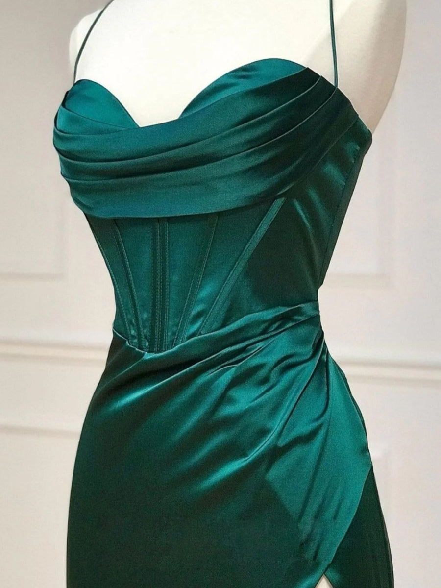 Emerald Floor Length Corset Prom Dresses With Side Slit