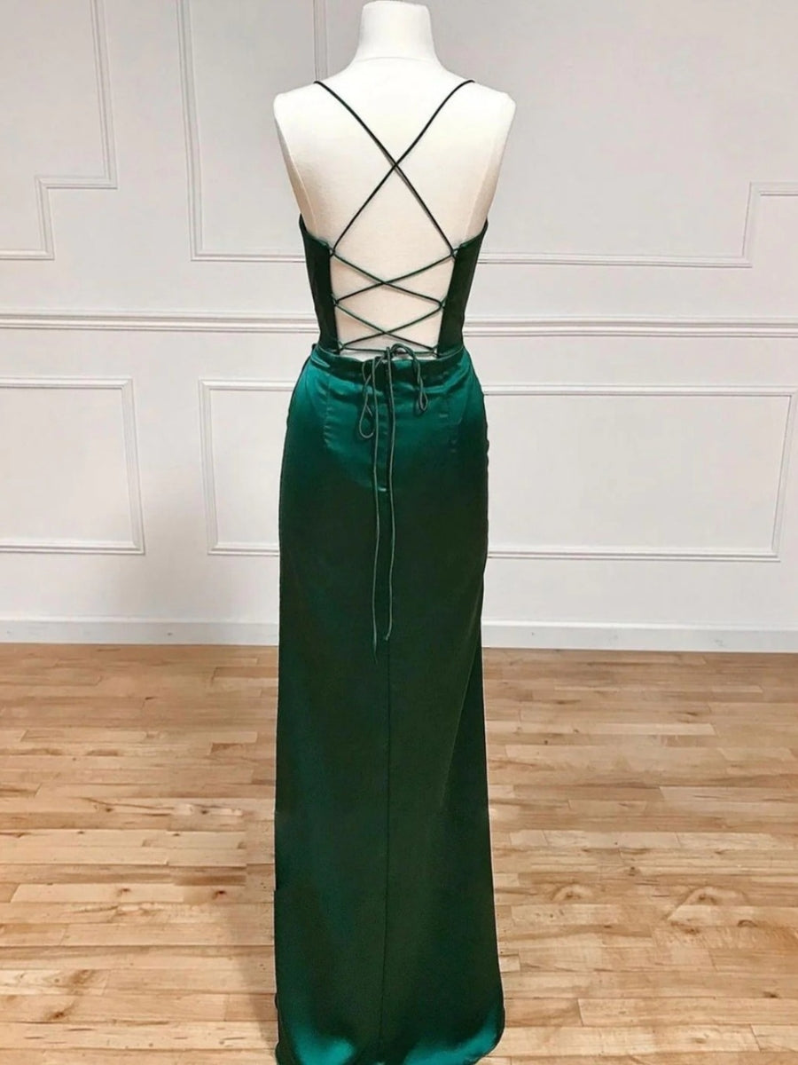 Emerald Floor Length Corset Prom Dresses With Side Slit