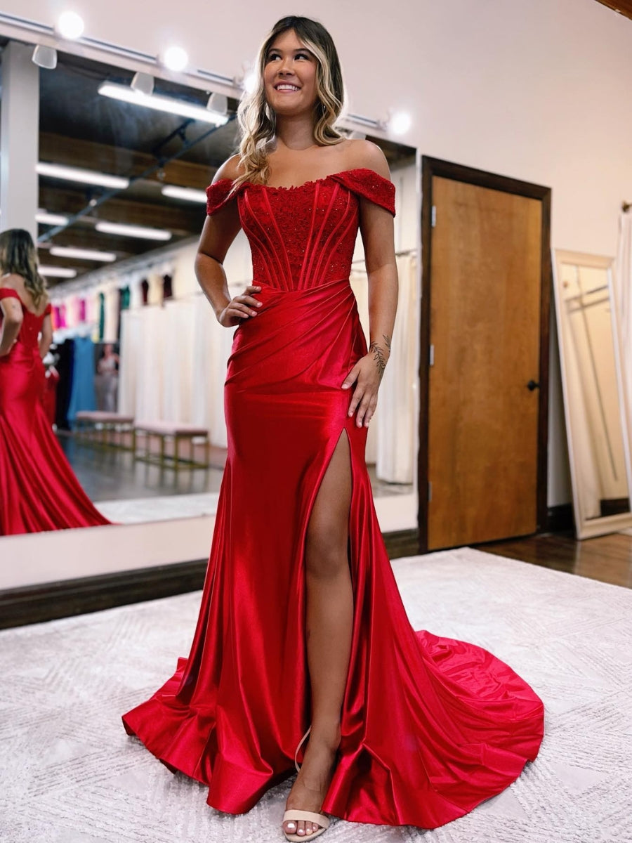 Fitted Long Off the Shoulder Corset Prom Dresses