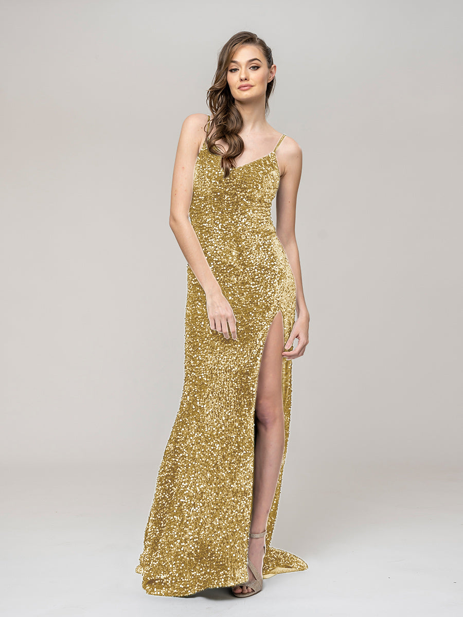 V Neck Sequin Fitted Prom Dress With Sweep Train