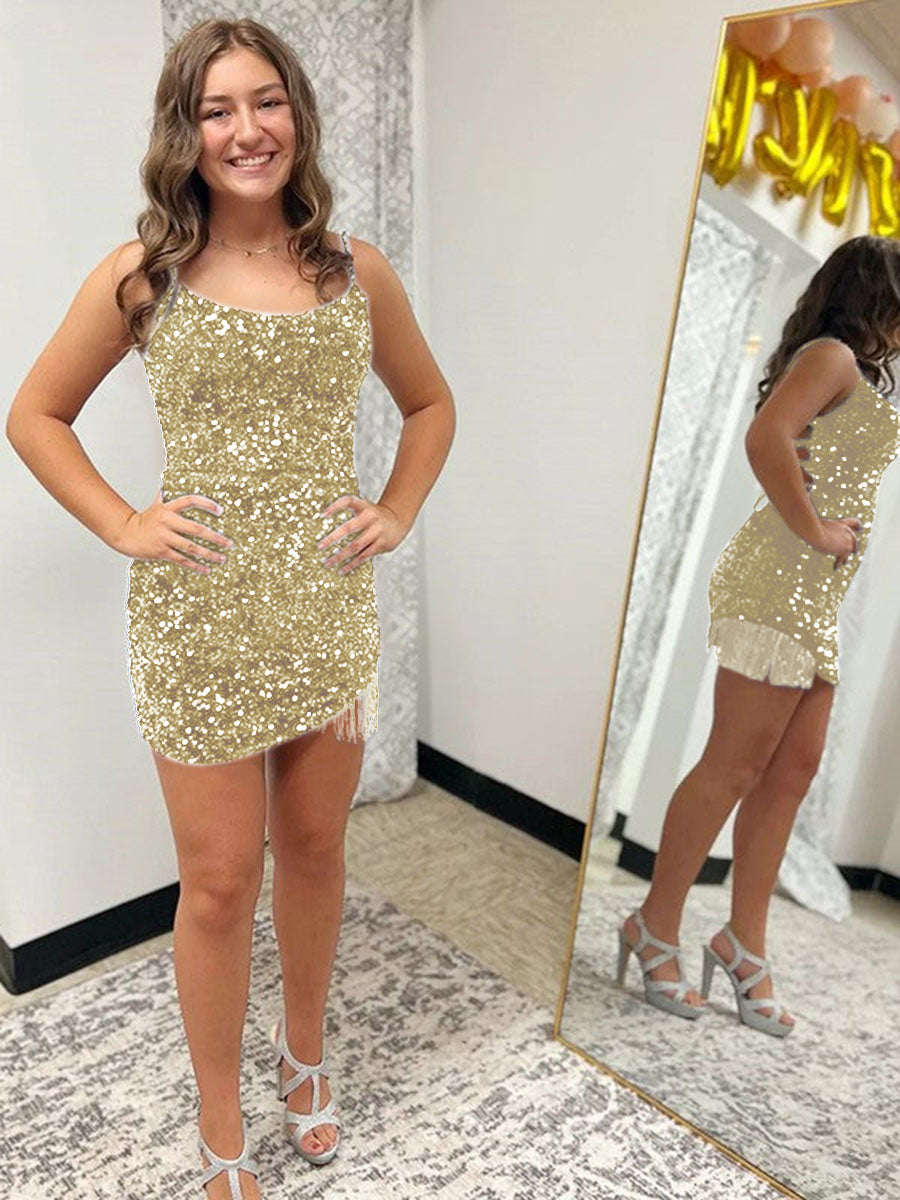 Sexy Fitted Spaghetti Straps Sleeveless Short Velvet Sequin Prom Dress
