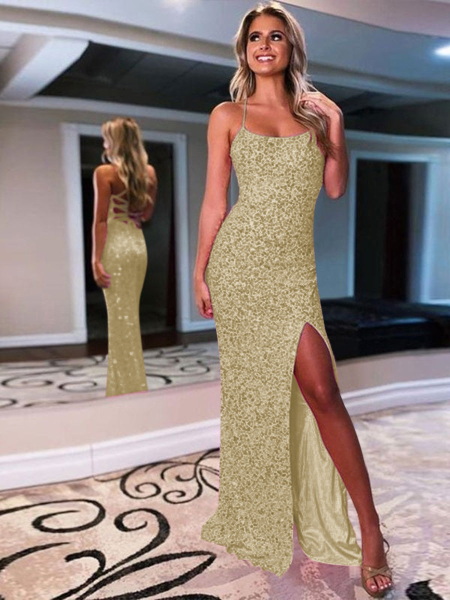 Queendancer Women Mermaid Prom Dress Black and Gold Sequins Spaghetti  Straps Long Evening Dress – queendanceruk