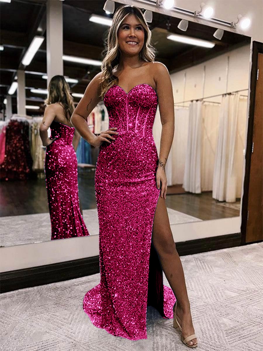 Strapless Sweetheart Corset Prom Dresses With Side Slit