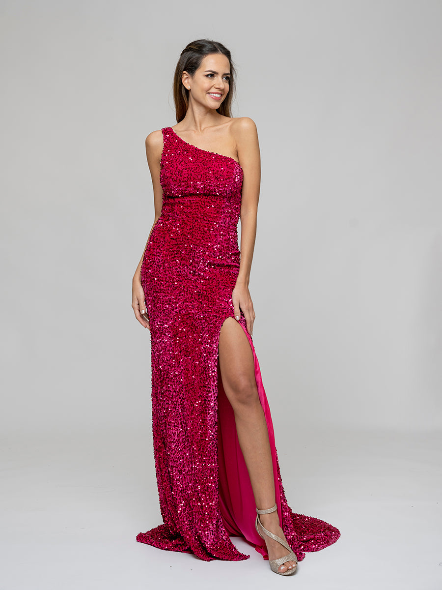 Hot Pink Side Split One Shoulder Fitted Prom Gown