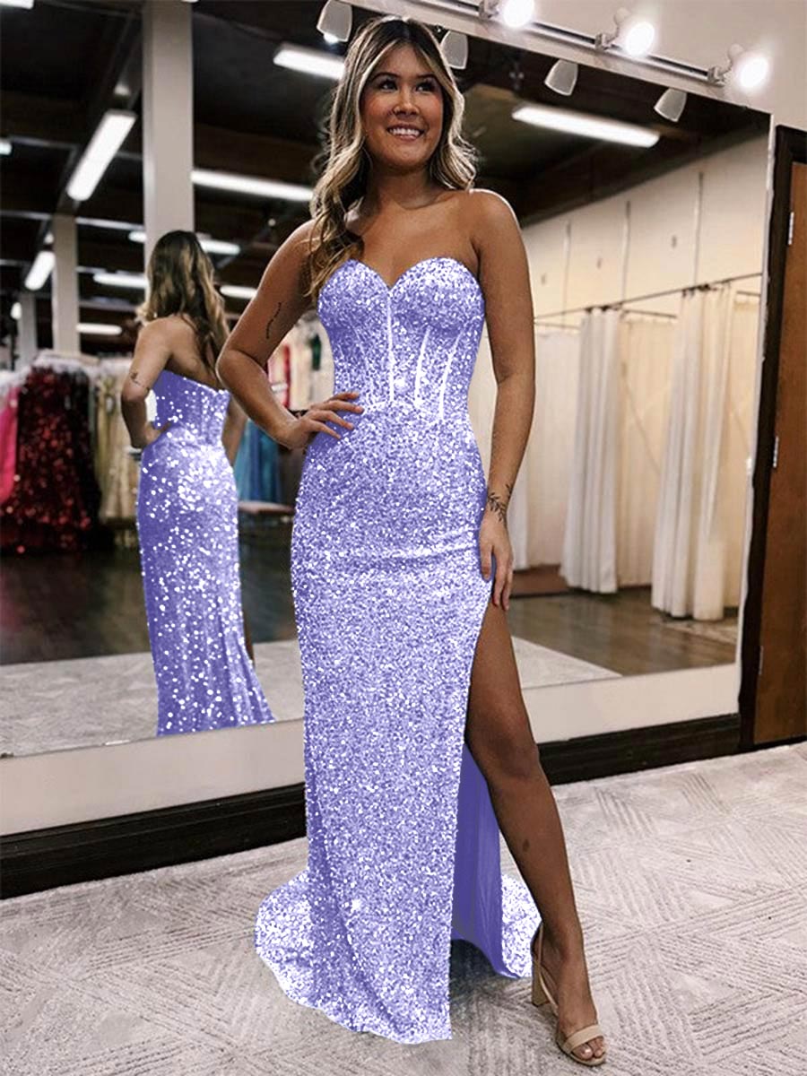 Strapless Sweetheart Corset Prom Dresses With Side Slit